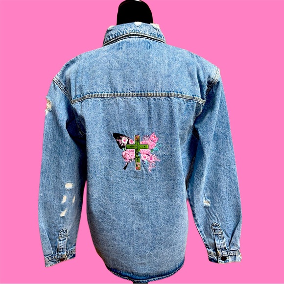 Butterfly Faith Cross Floral Embroidered Light Denim Distressed Shirt - Picture 1 of 6